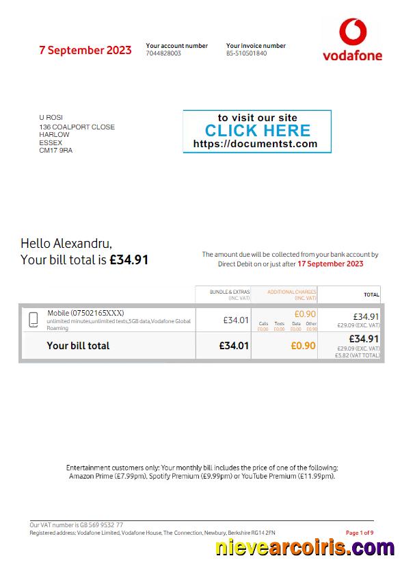 UNITED KINGDOM VODAFONE utility bill, version 3